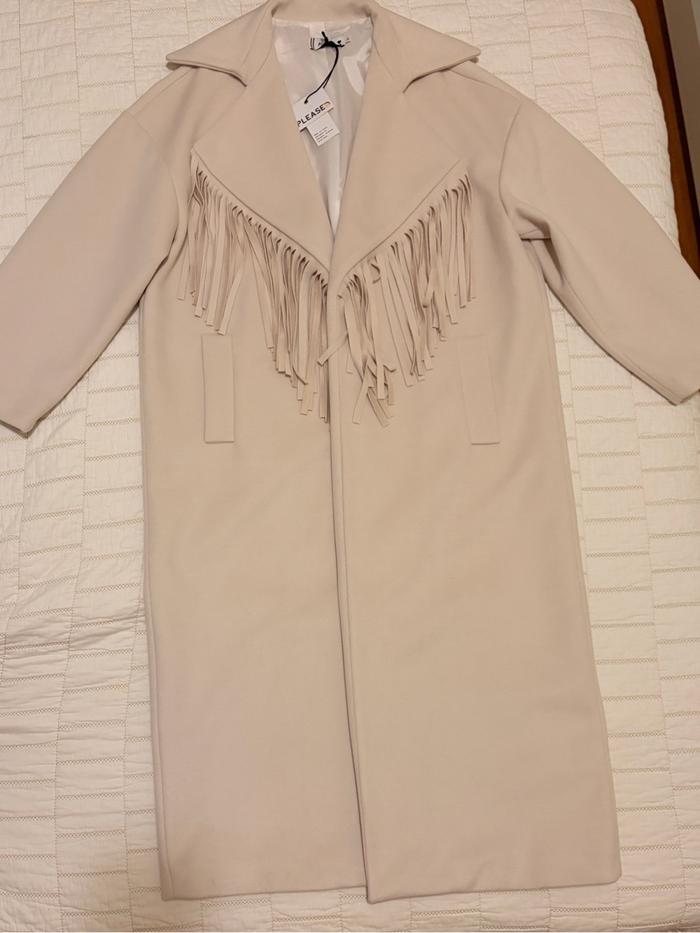 PLEASE Italy Fringed Long Coat in Ecru